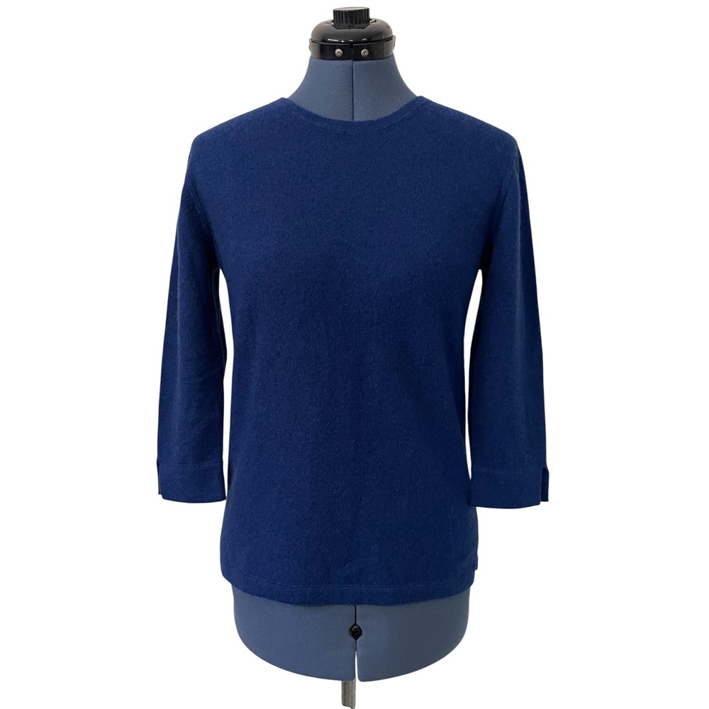 Kinross Cashmere Womens Blue 3/4 Sleeve Sweater Preppy Academia Classic Soft S/P